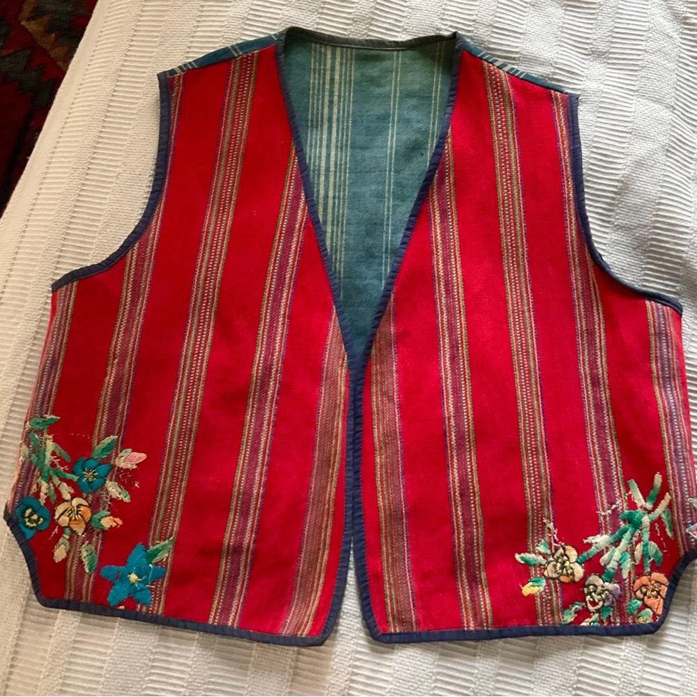 Guatemalan vintage Red Striped Vest with Floral Embroidery